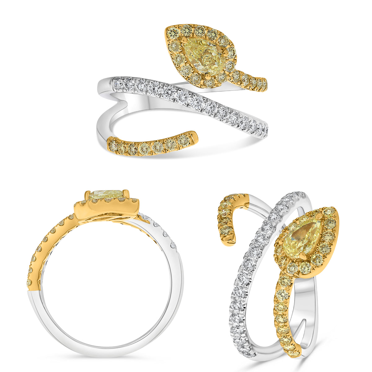14K White & Yellow Gold Pear Fancy Yellow Diamond Halo Ring