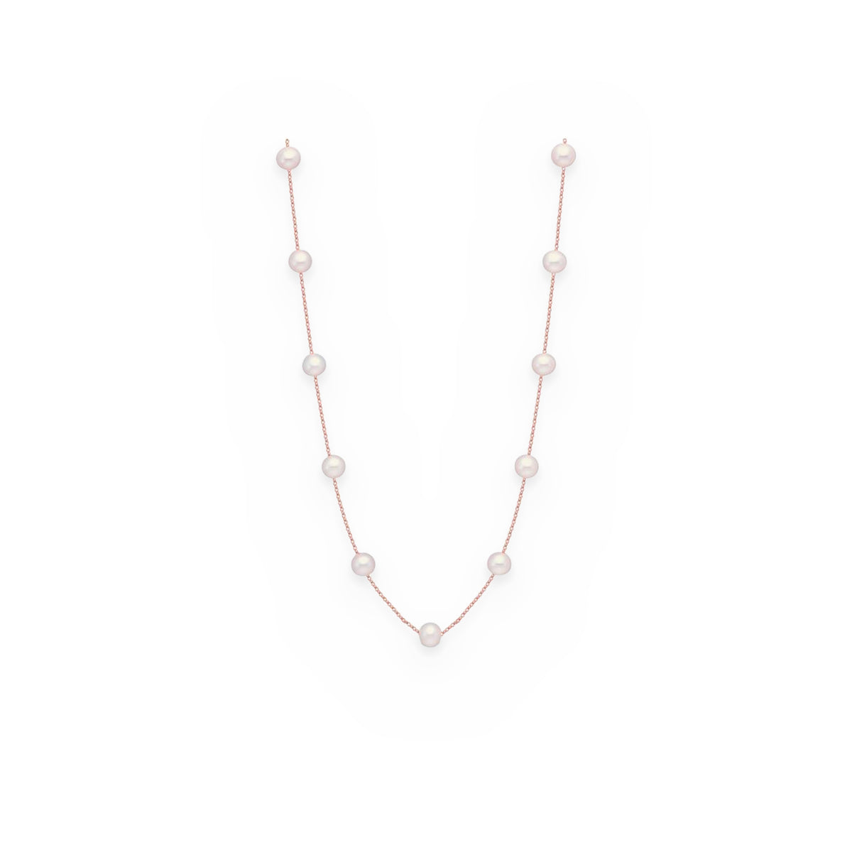 Rose gold freshwater pearl station necklace in a U-shape