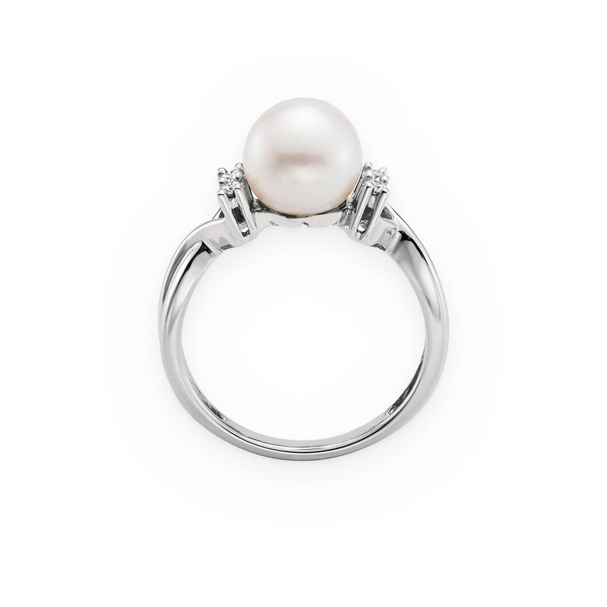 White gold pearl and diamond ring viewed from the front profile