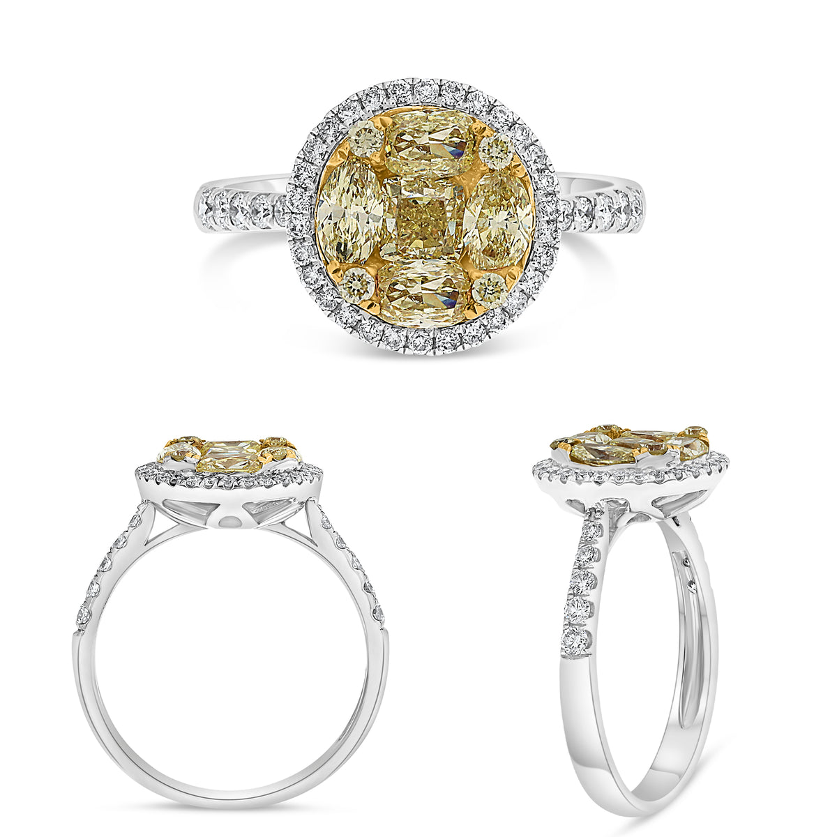 18K White & Yellow Gold Fancy Yellow Diamond Cluster Ring