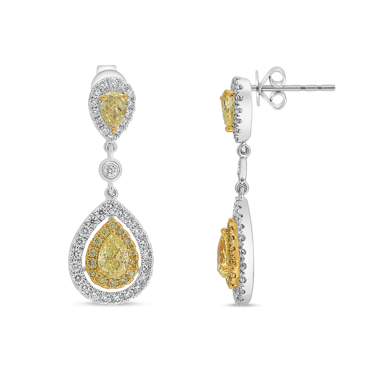 14K White & Yellow Gold Pear Fancy Yellow Diamond Double Earrings