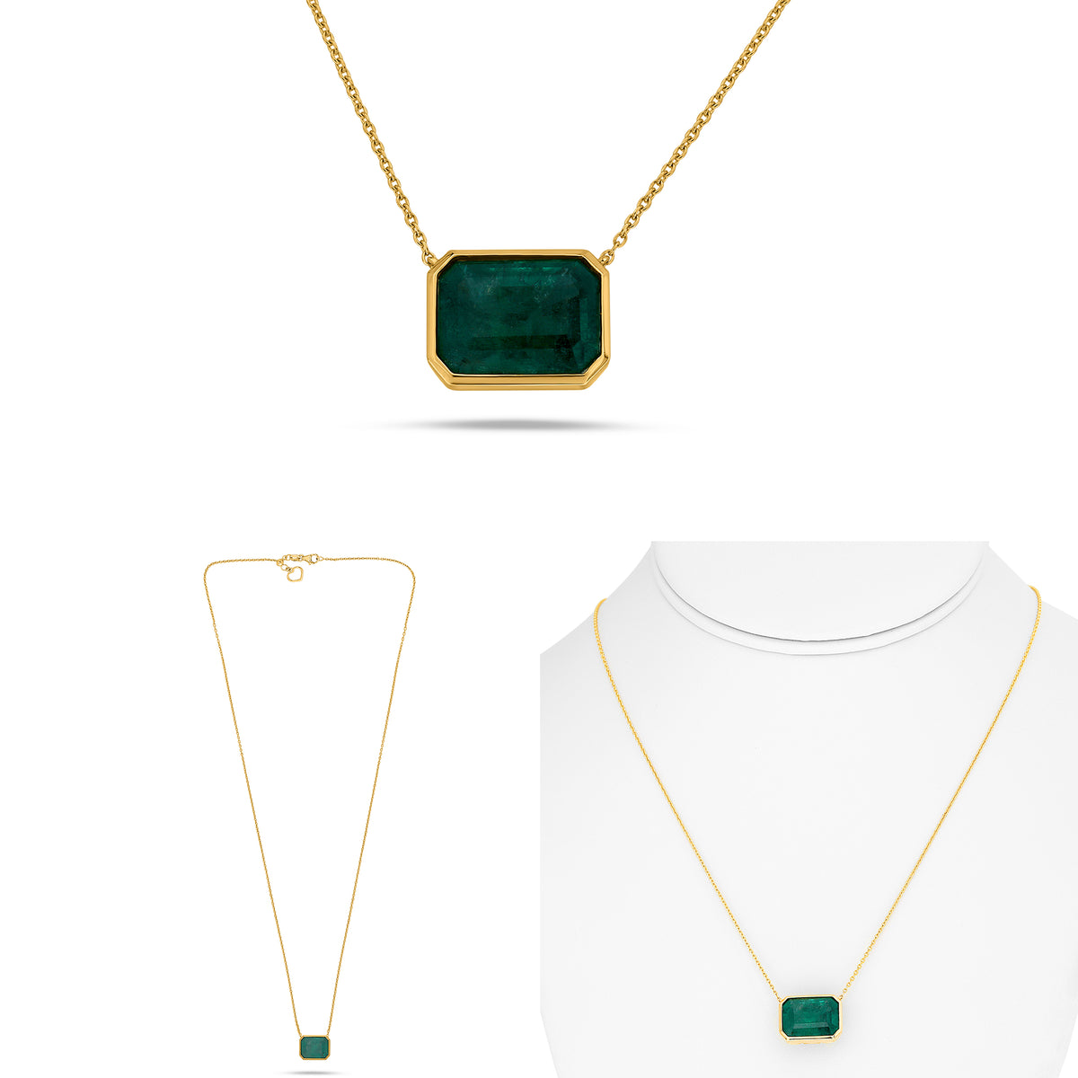 14K Yellow Gold Cushion Emerald Necklace