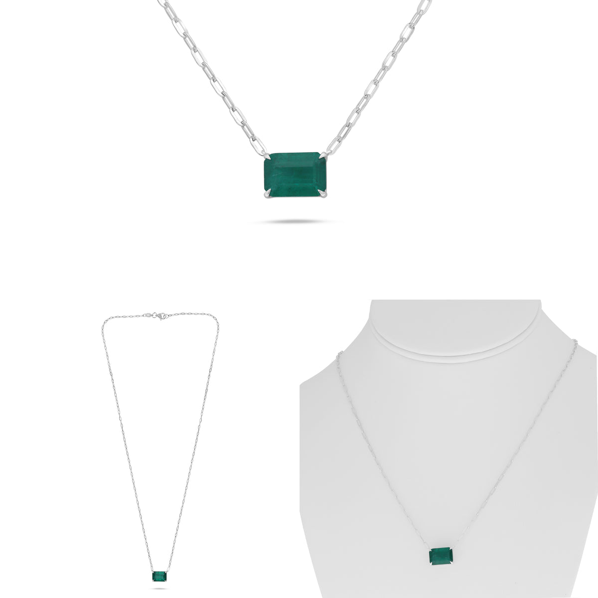 18K White Gold Emerald Cut Emerald Necklace