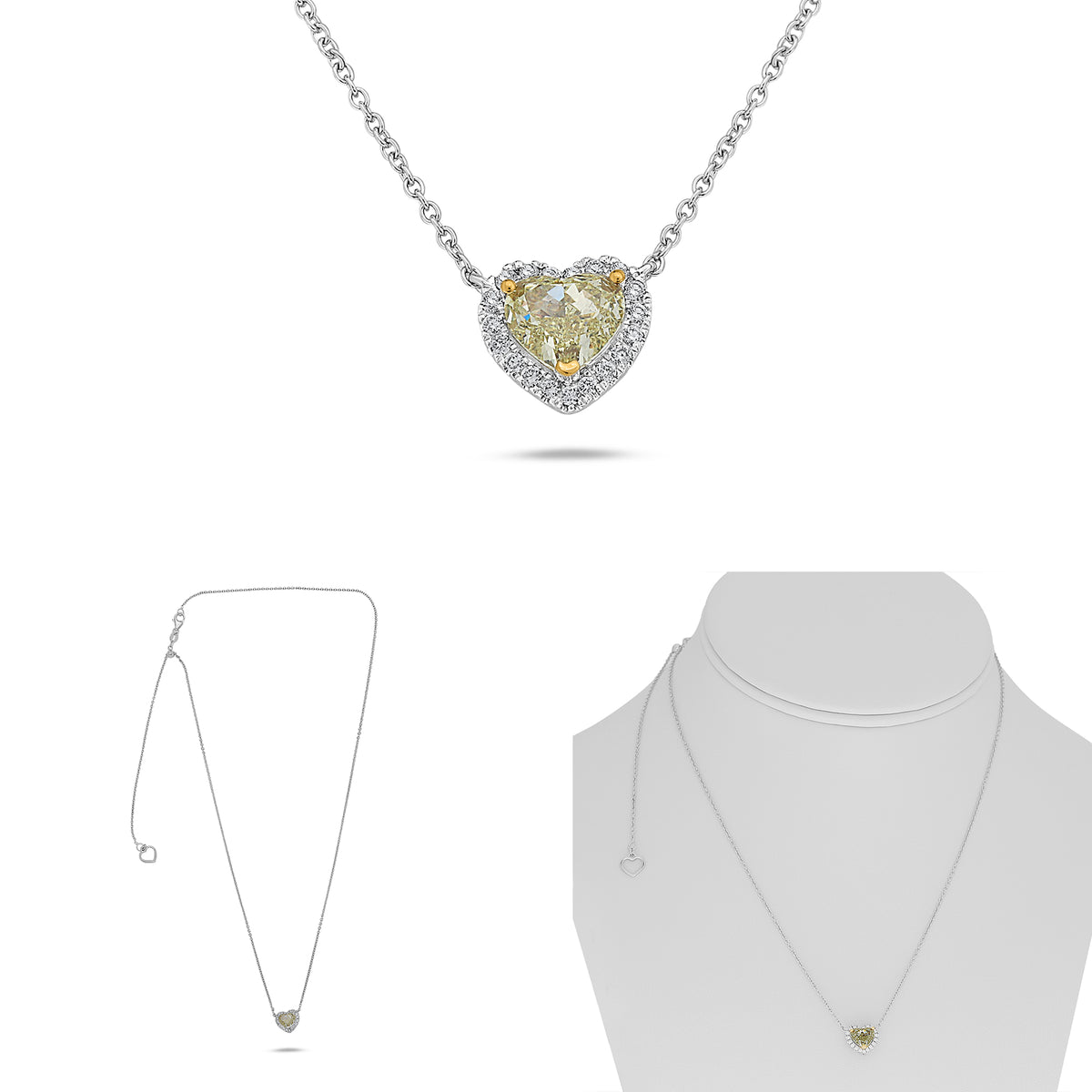 18K White & Yellow Gold Heart Fancy Yellow Diamond Halo Necklace