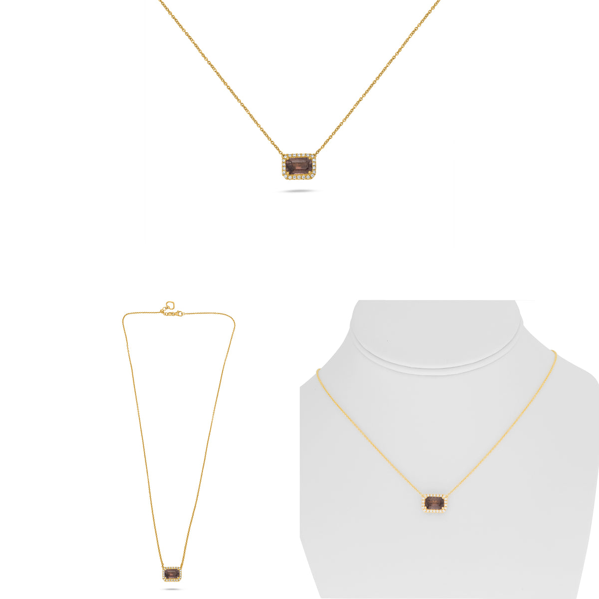 18K Yellow Gold Emerald Cut Pink Sapphire Halo Necklace
