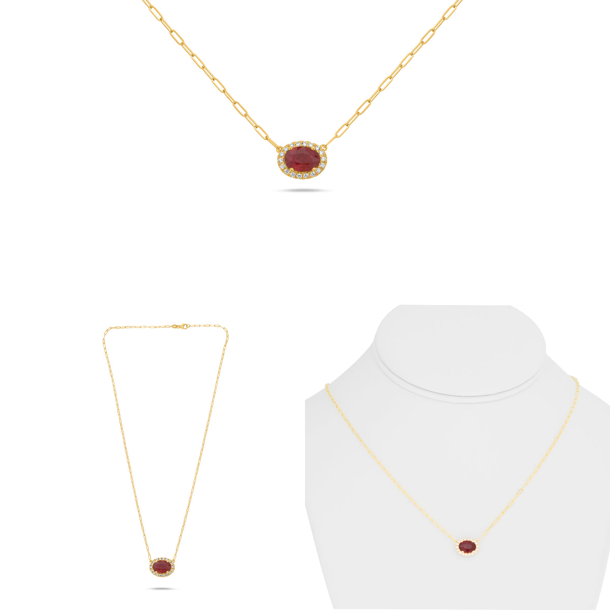 14K Yellow Gold Oval Ruby Halo Necklace