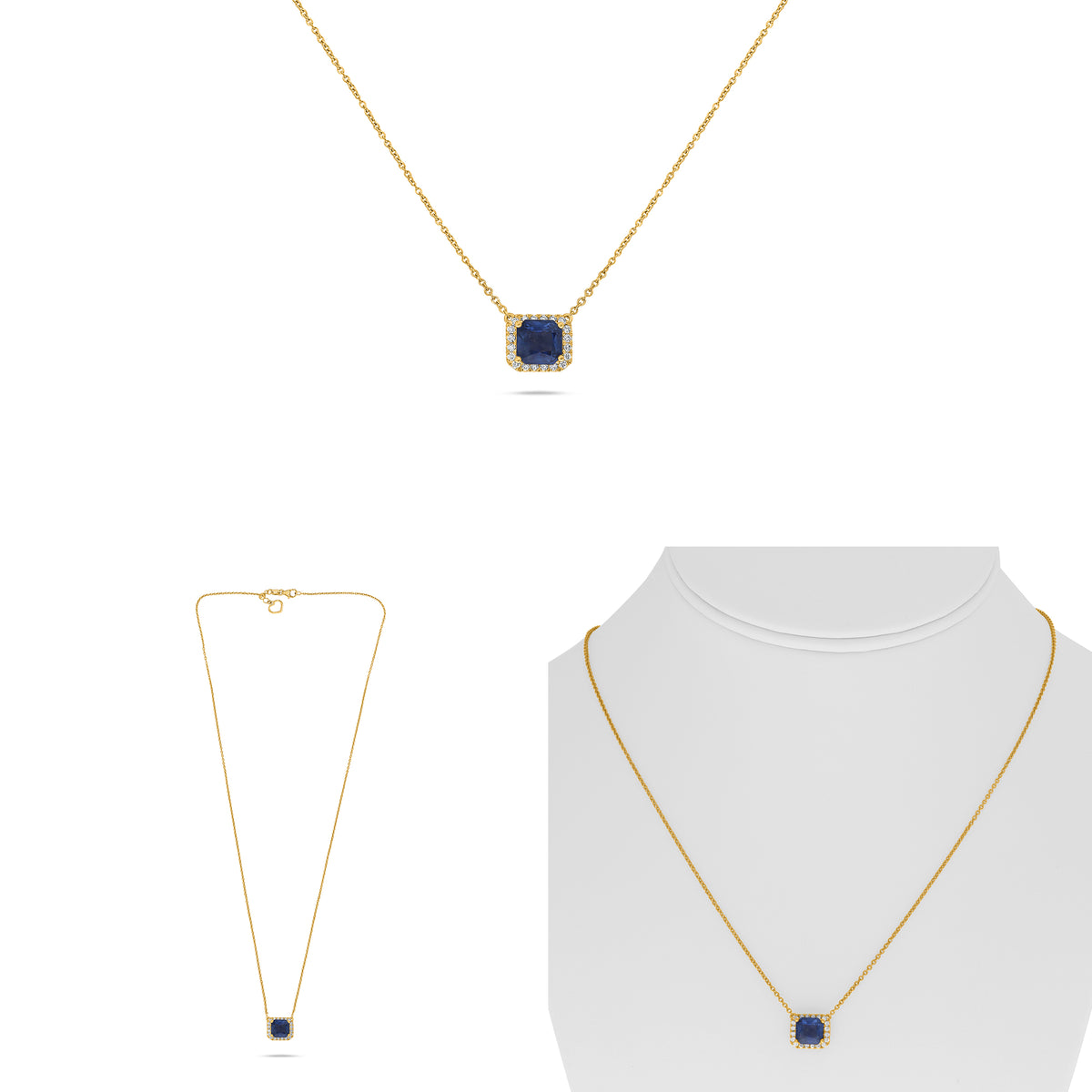 18K Yellow Gold Emerald Cut Sapphire Halo Necklace