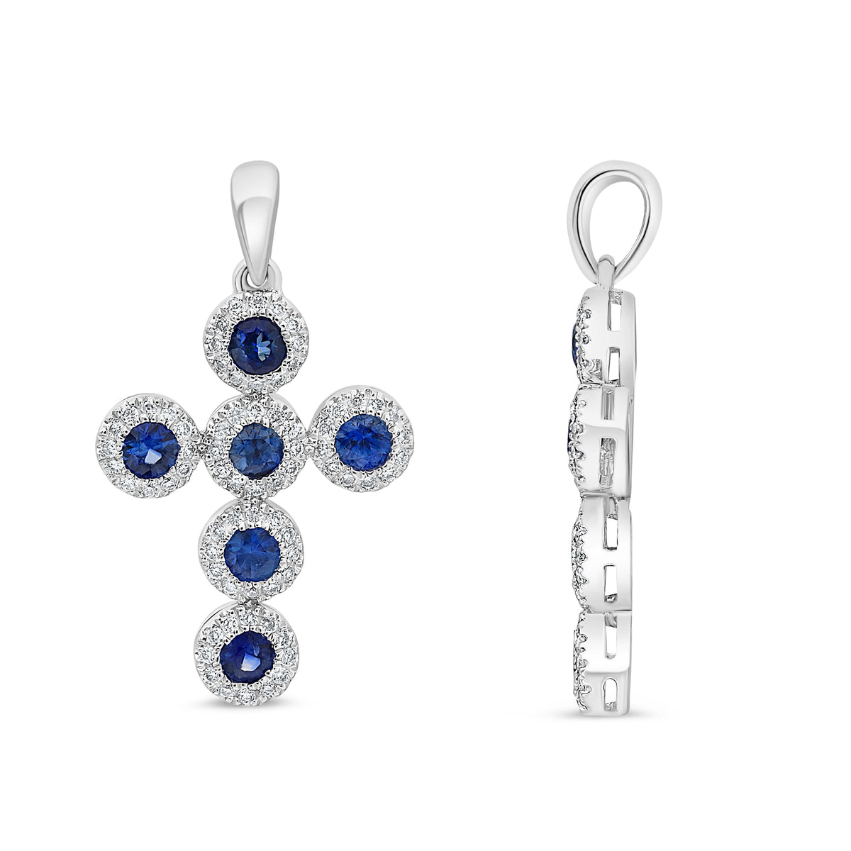 14K White Gold Round Sapphire Halo Pendant