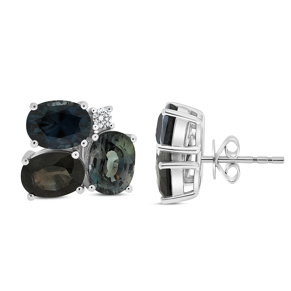 14K White Gold Oval Multi-Color Sapphire Cluster Earrings