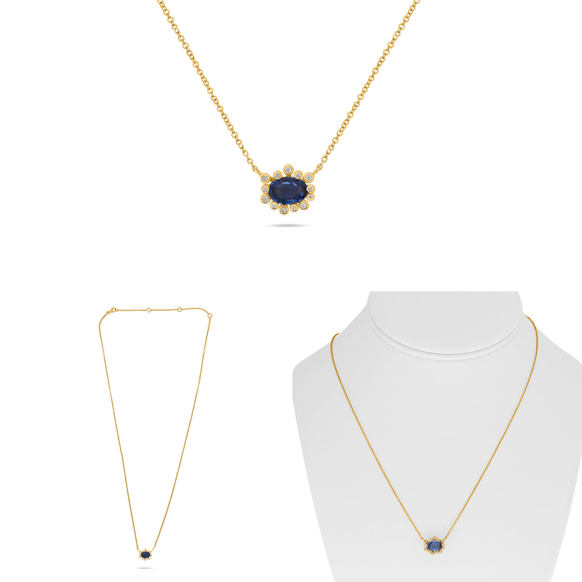 14K Yellow Gold Oval Sapphire Halo Necklace