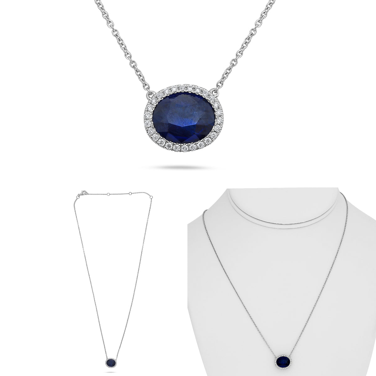 14K White Gold Oval Green Sapphire Halo Necklace