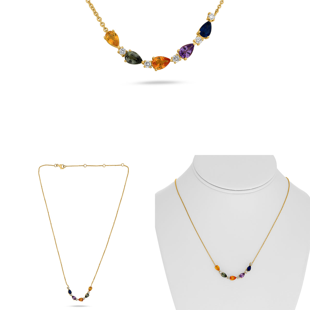 14K Yellow Gold Pear Multi-Color Sapphire Necklace