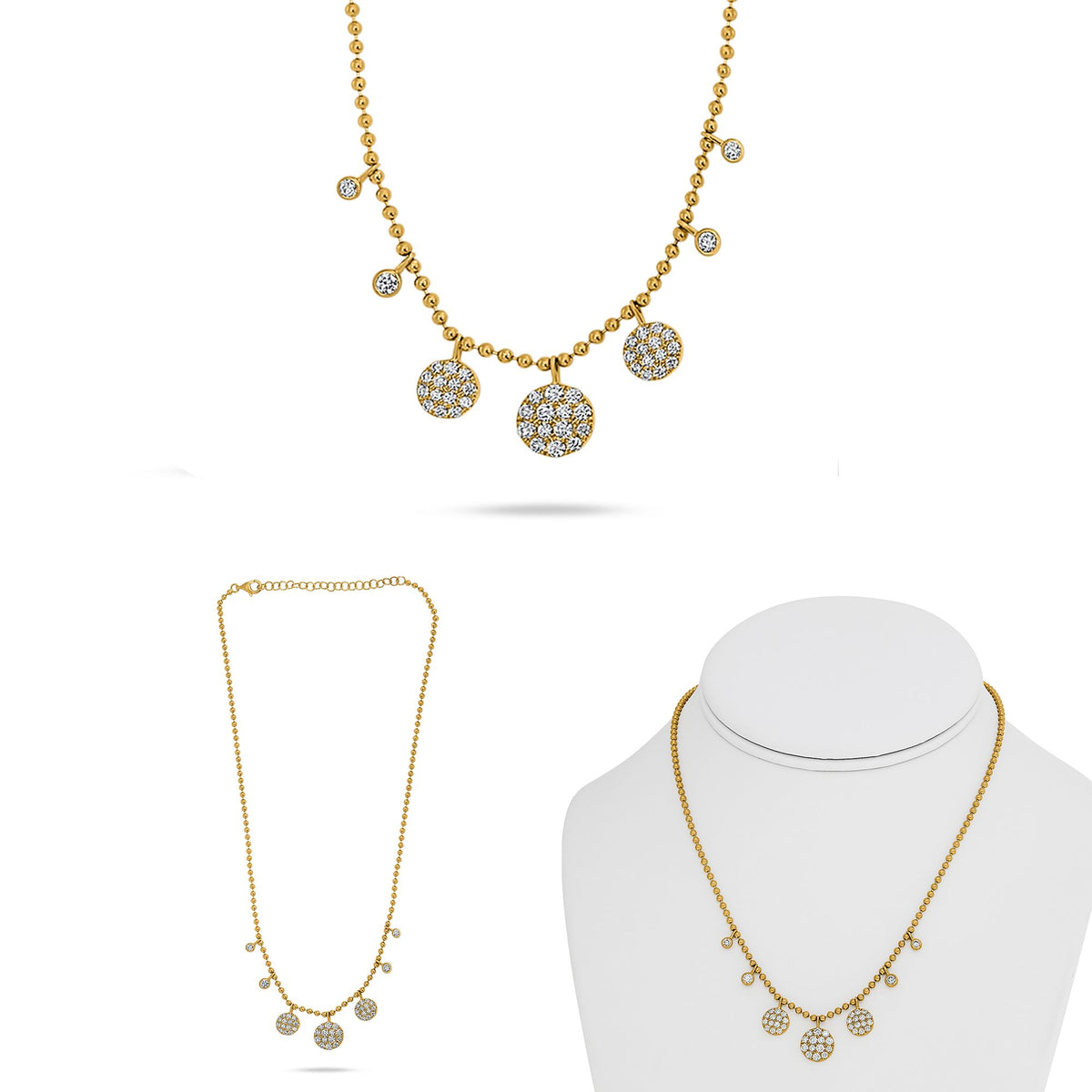 14K Yellow Gold Round Diamond Cluster Necklace
