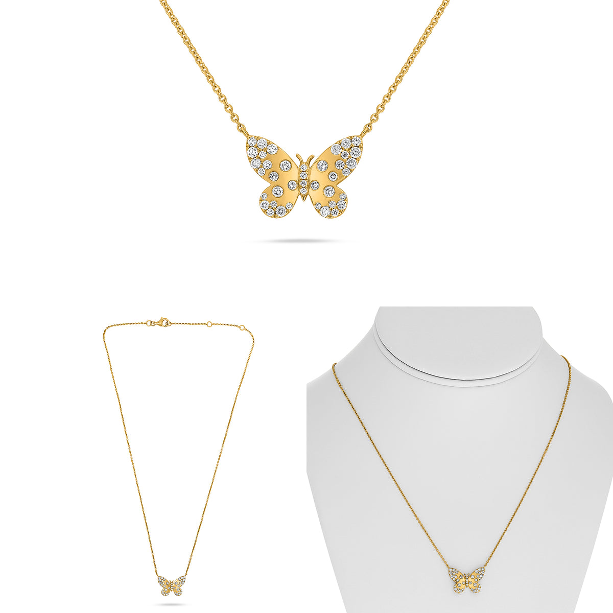 14K Yellow Gold Round Diamond Cluster Necklace