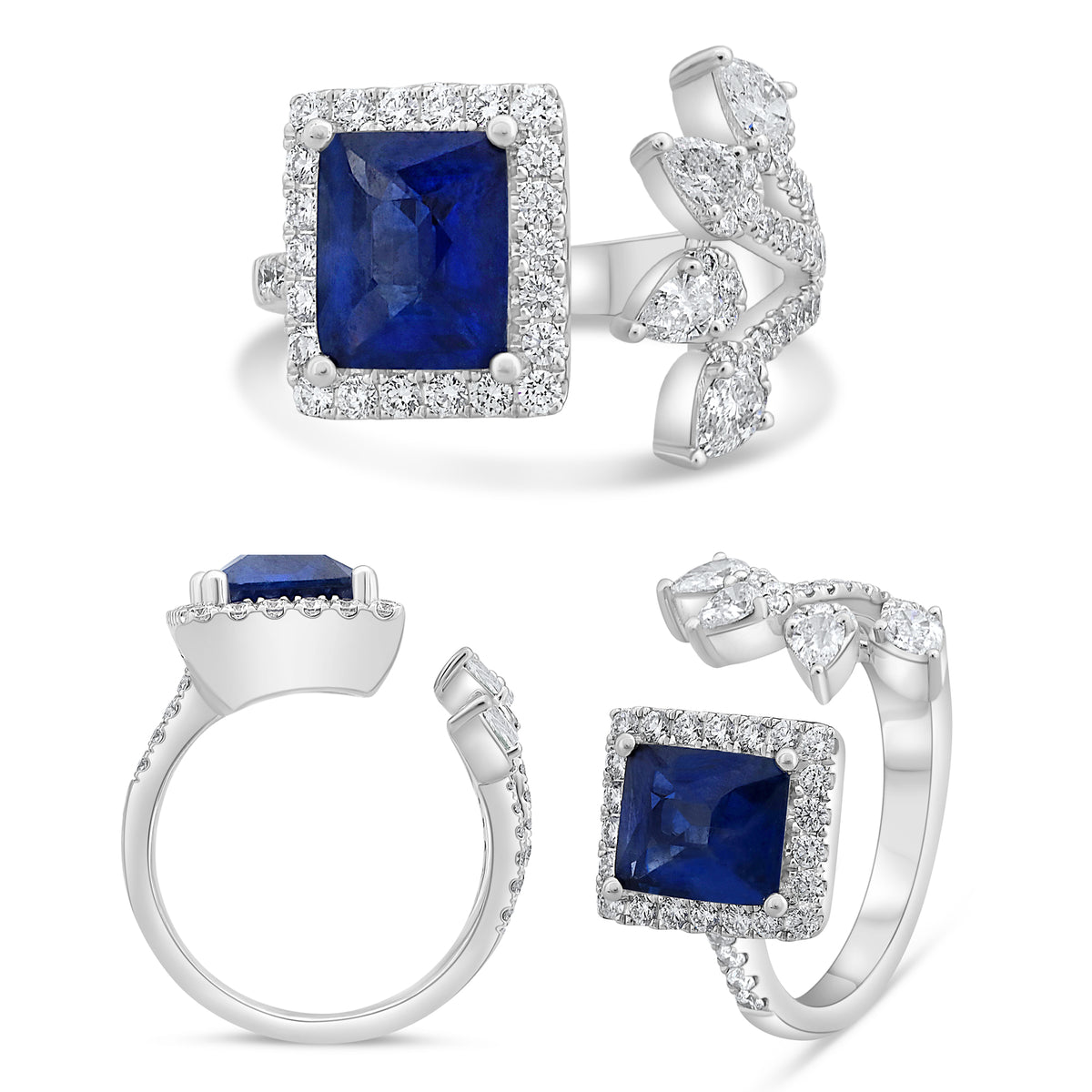 14K White Gold Rectangular Sapphire Halo Ring