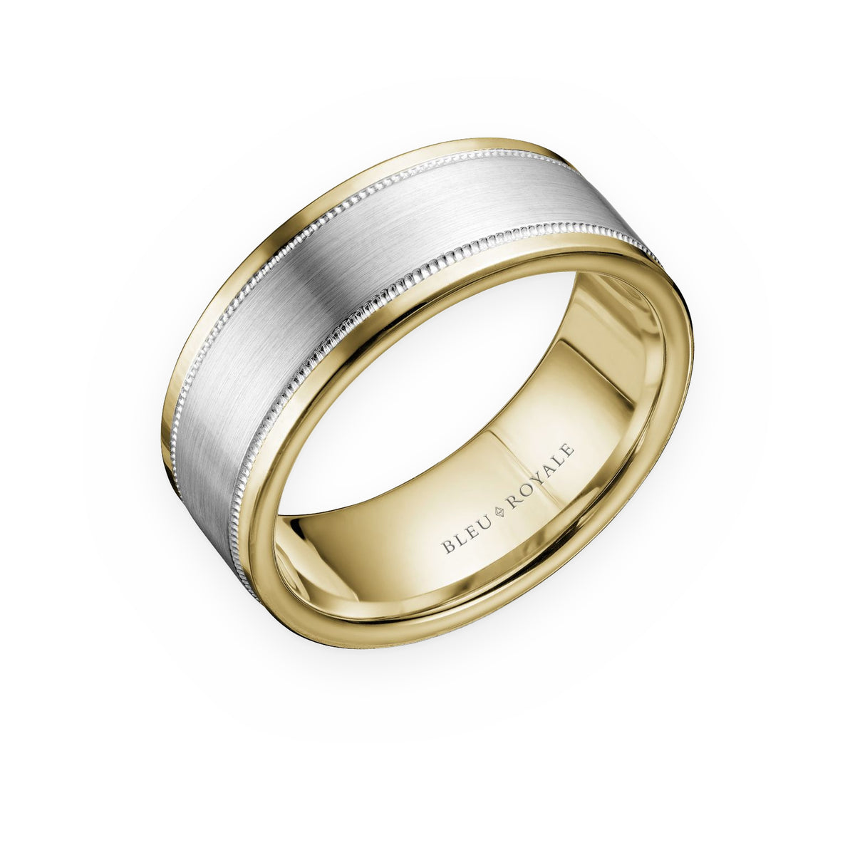Two-tone white and yellow gold men's band with milgrain by Bleu Royale