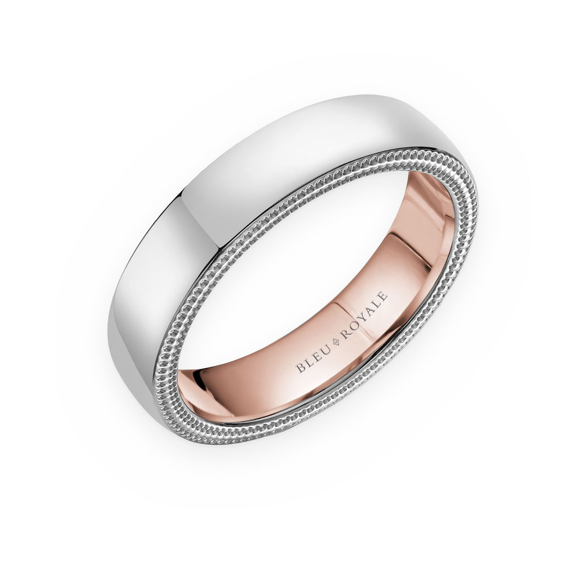 Two-tone white and rose gold men's band with beaded edges by Bleu Royale