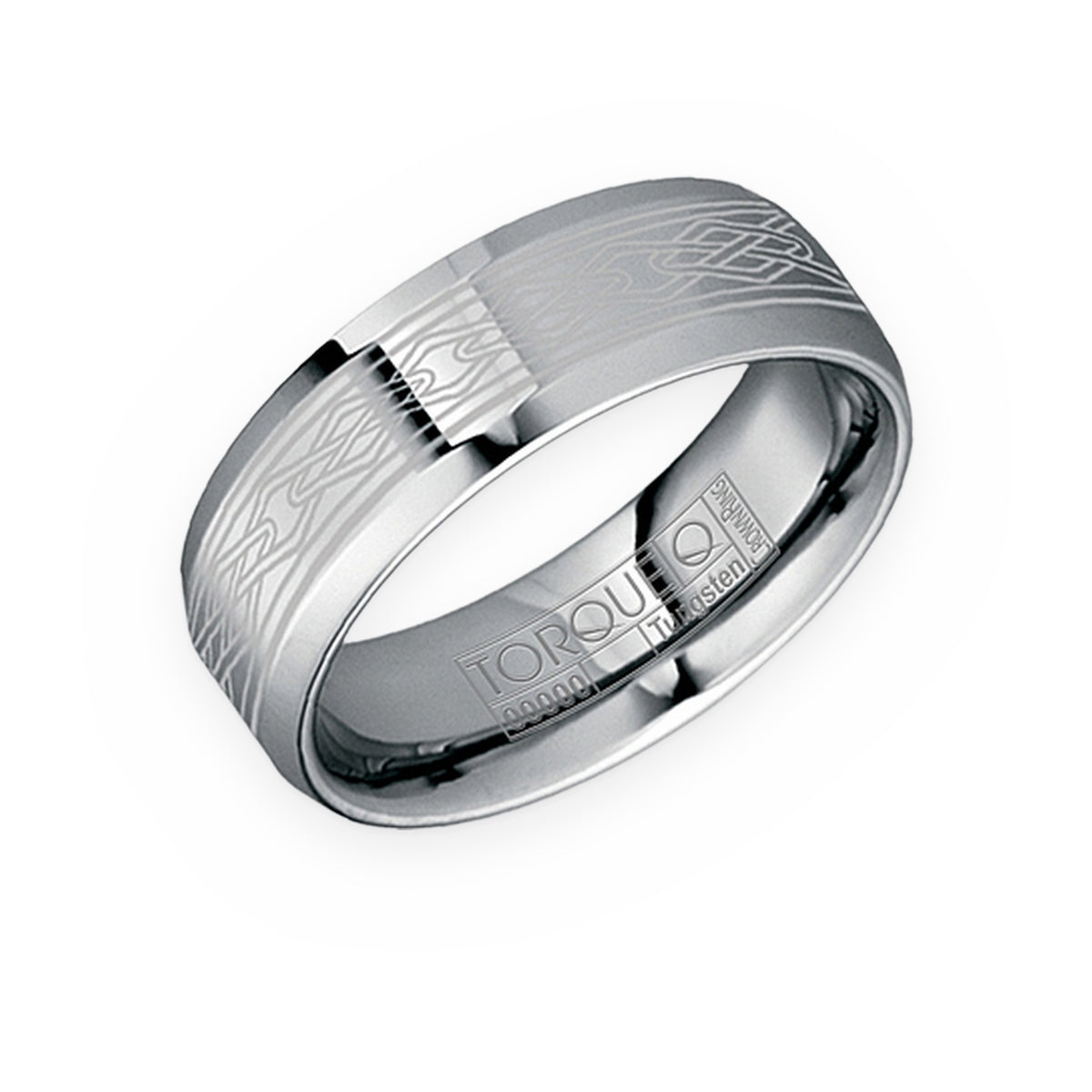 Torque tungsten men's band with etched Celtic-pattern center