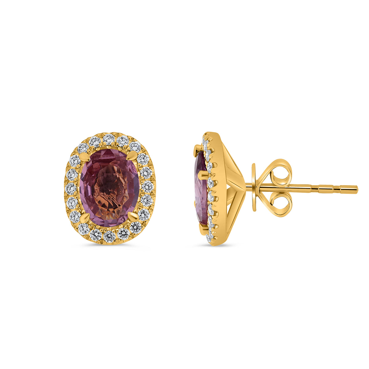 14K Yellow Gold Oval Pink Sapphire Halo Earrings