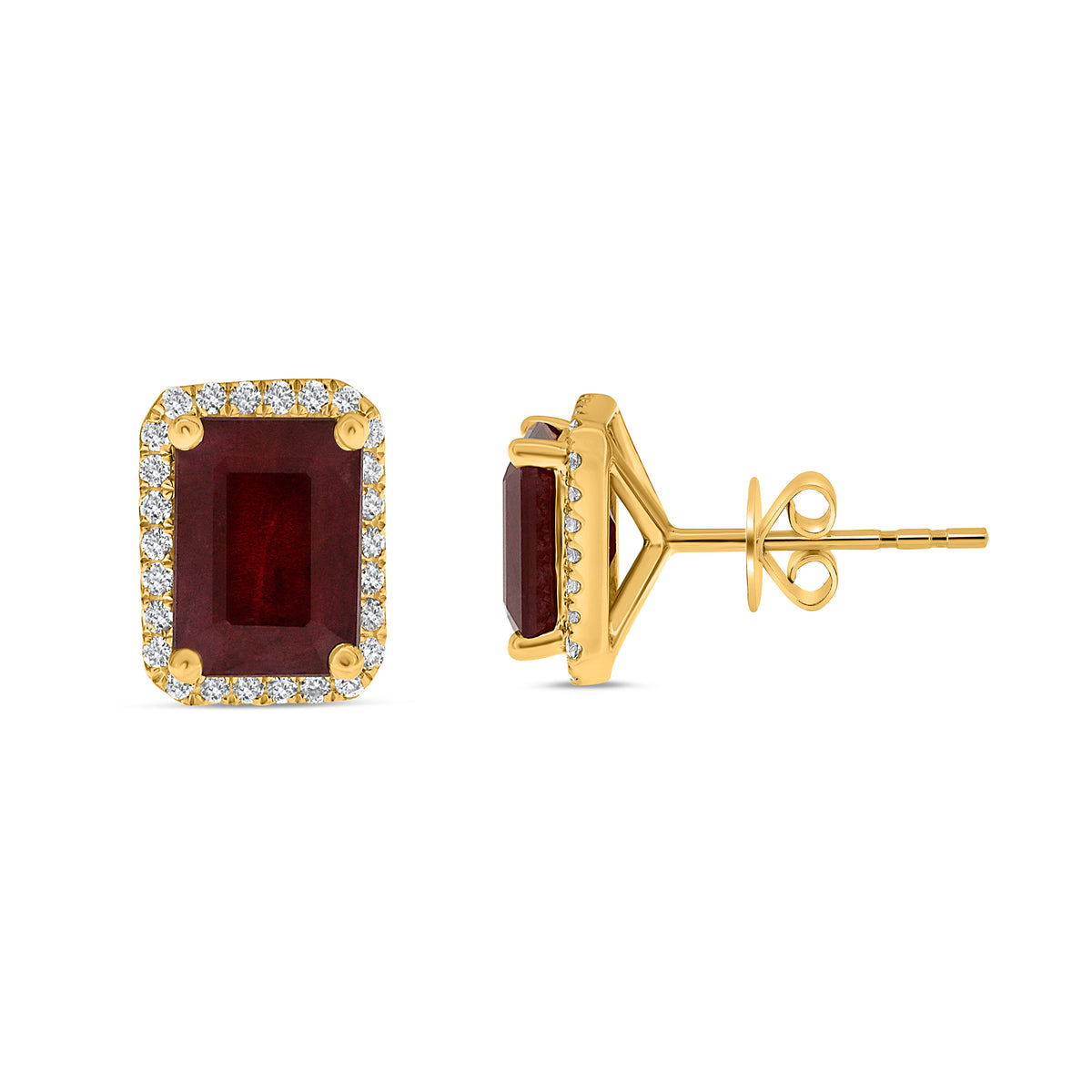 14K Yellow Gold Emerald Cut Ruby Halo Earrings