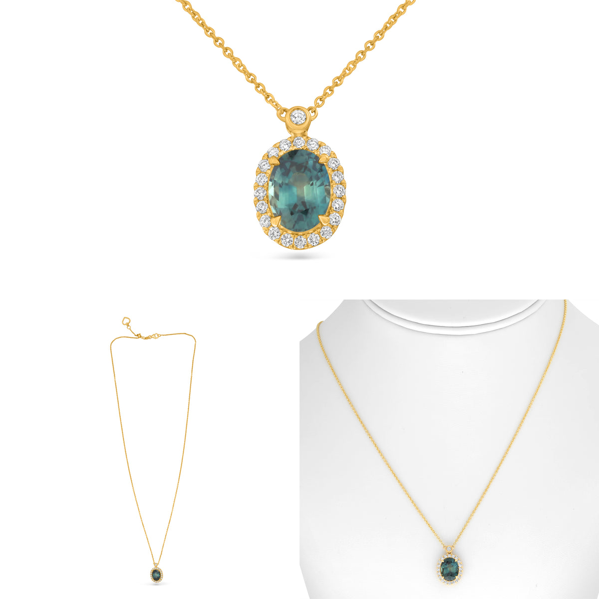 18K Yellow Gold Oval Green Sapphire Halo Necklace