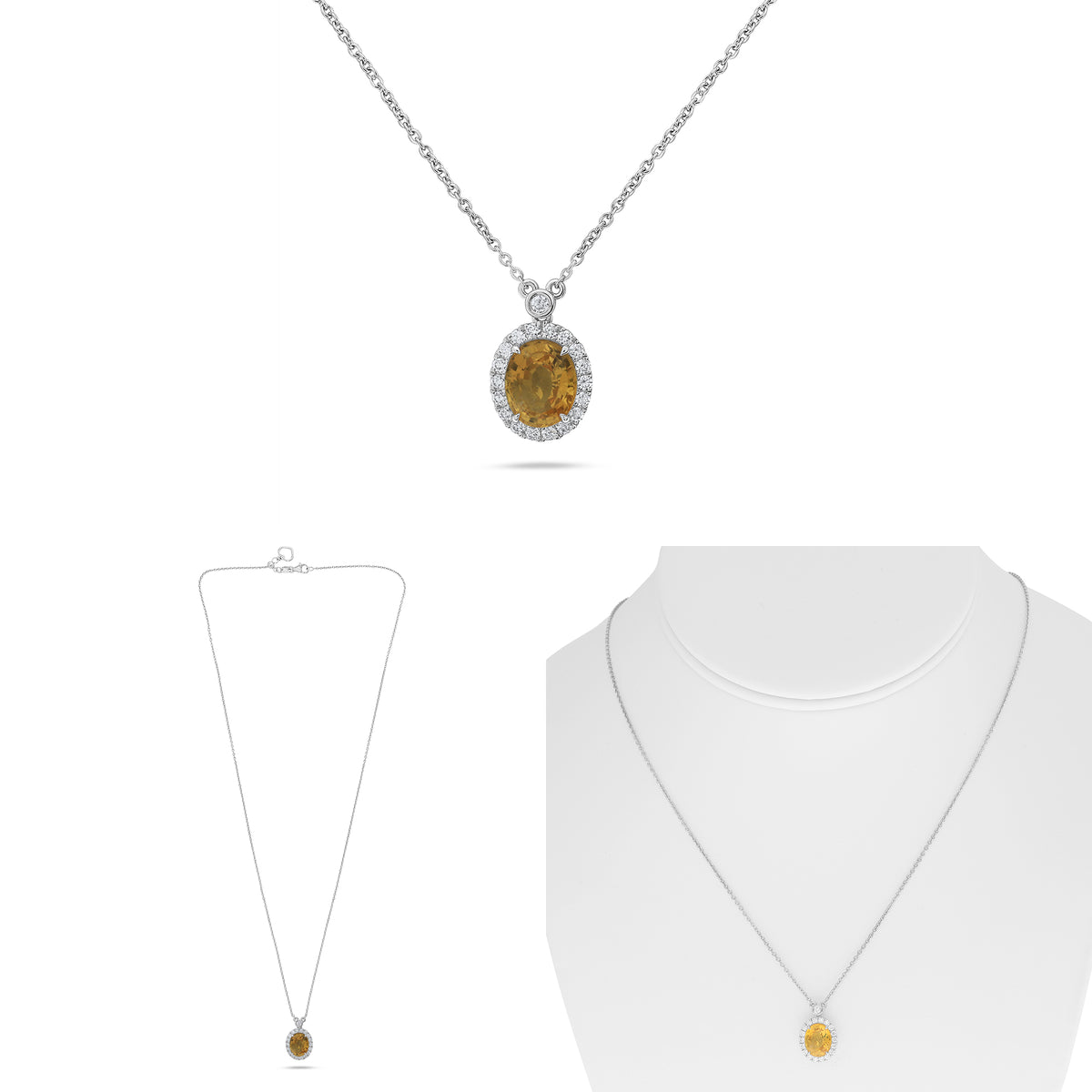 14K White Gold Oval Orange Sapphire Halo Necklace
