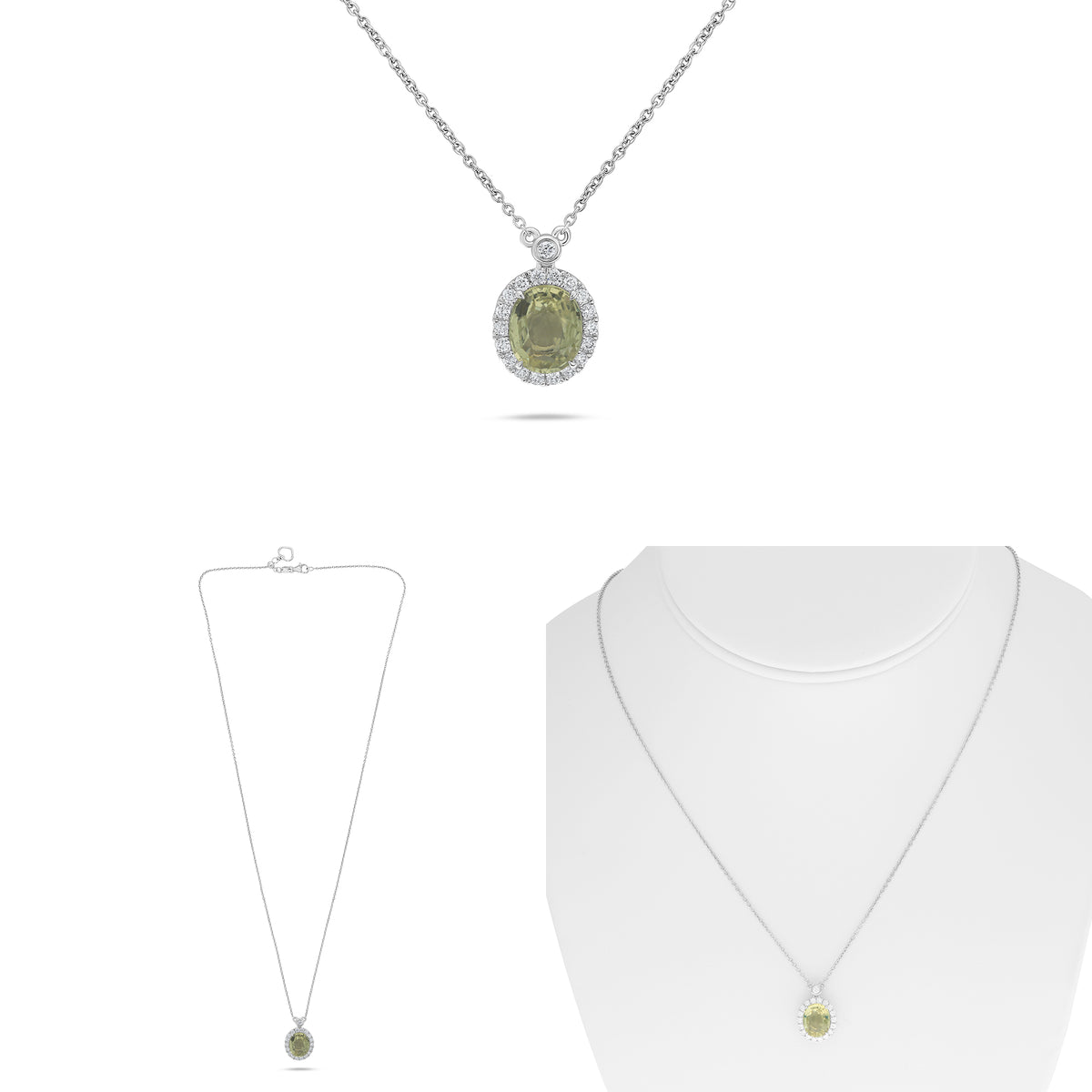 14K White Gold Oval Yellow Sapphire Halo Necklace