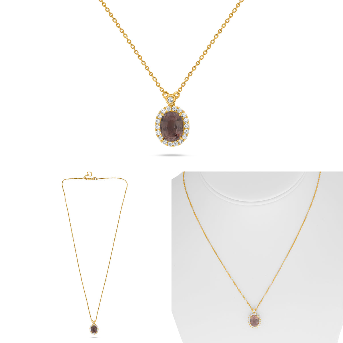 14K Yellow Gold Oval Peach Sapphire Halo Necklace