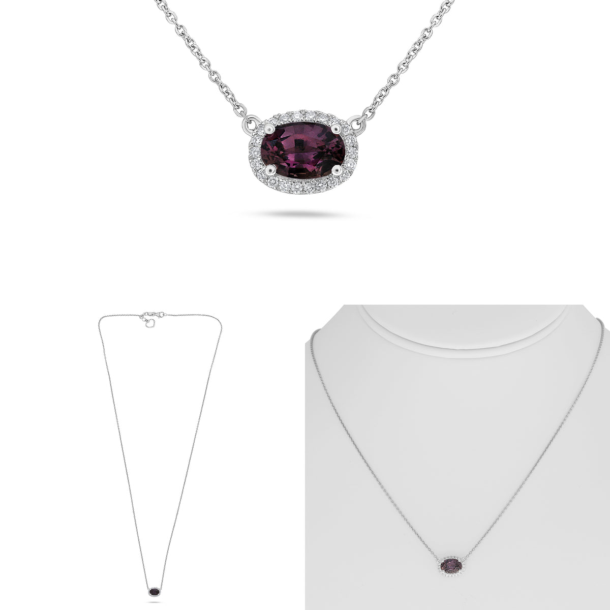 14K White Gold Oval Pink Sapphire Halo Necklace