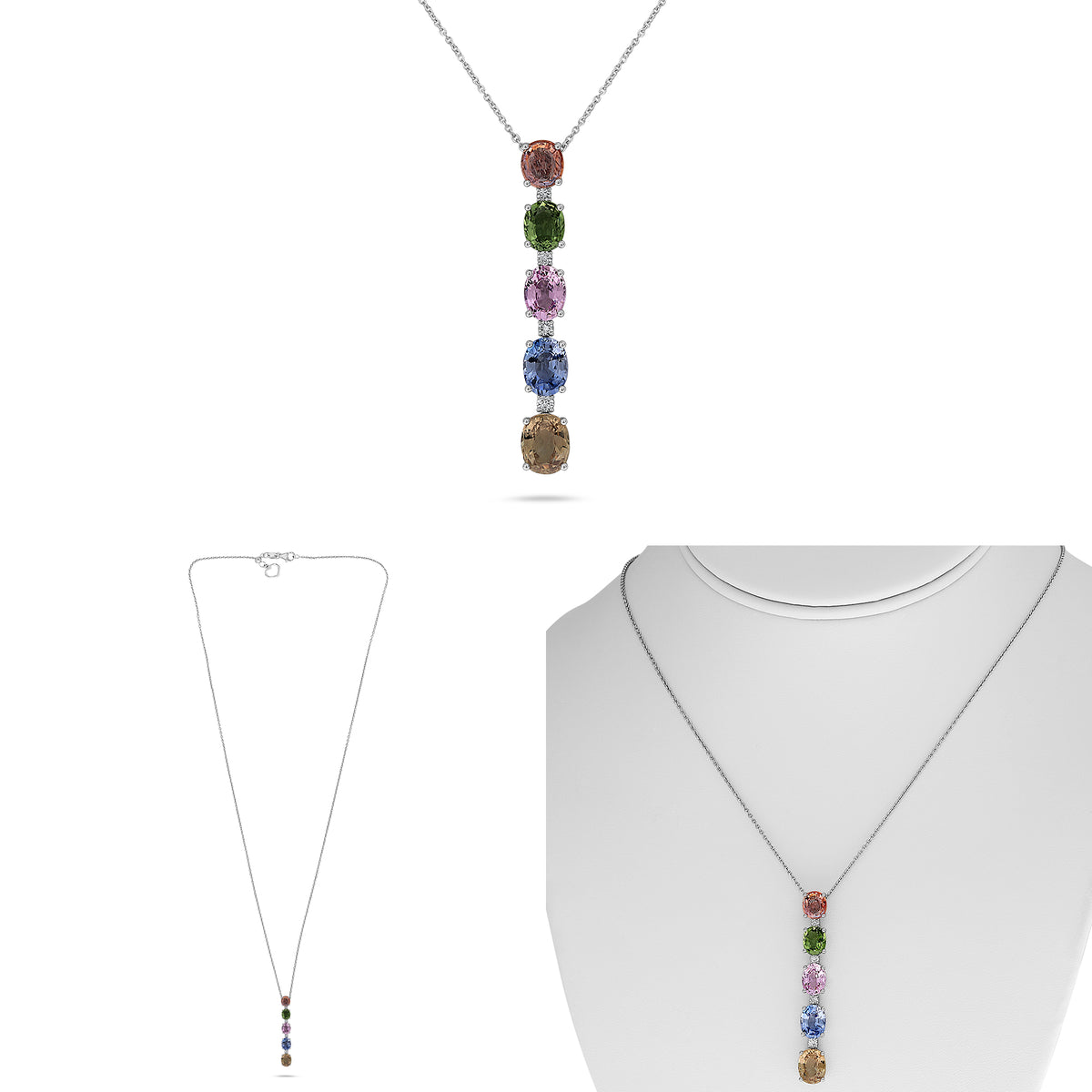 14K White Gold Oval Multi-Color Sapphire Necklace