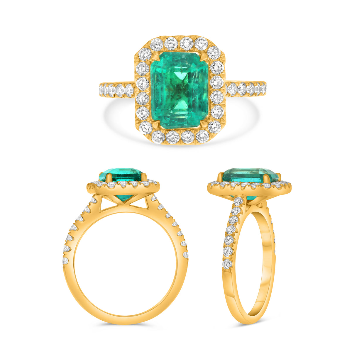 14K Yellow Gold Emerald Cut Emerald Halo Ring