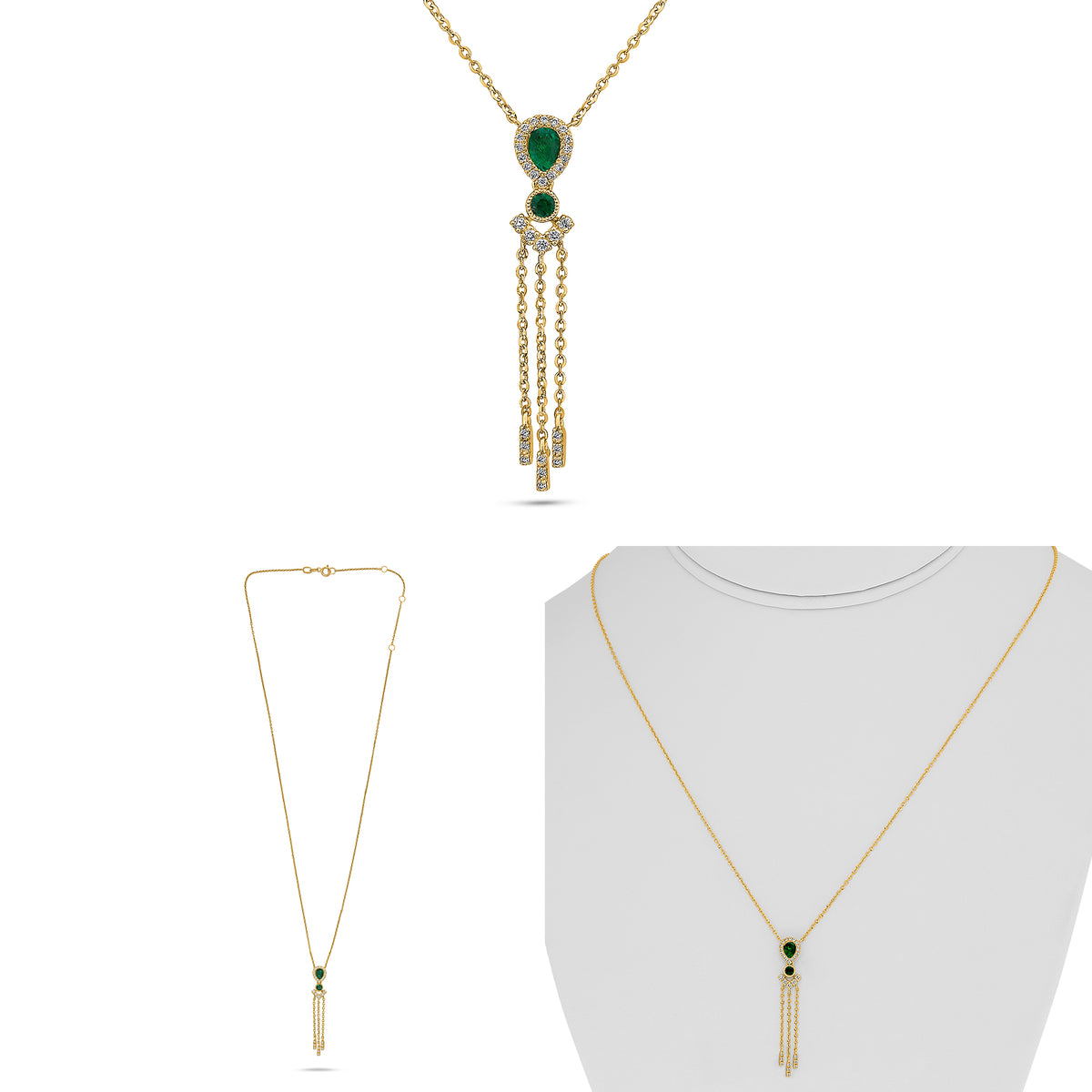 14K Yellow Gold Pear Emerald Halo Necklace