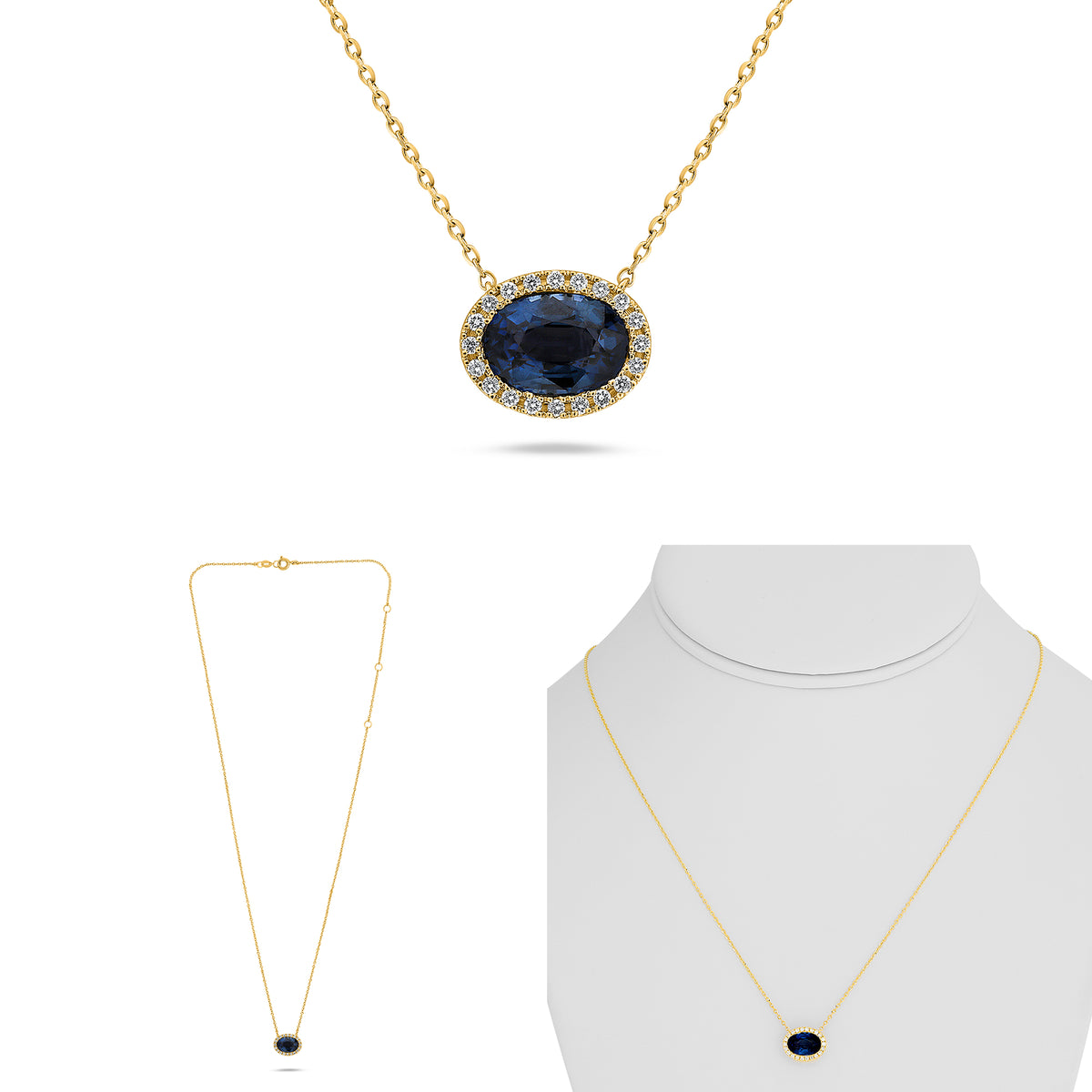 14K Yellow Gold Oval Sapphire Halo Necklace