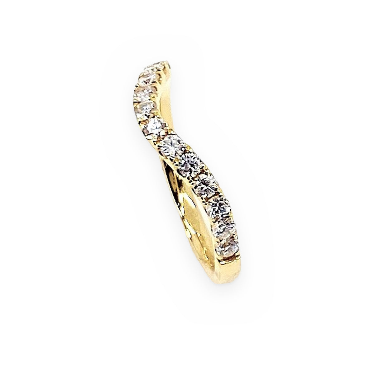 Yellow gold curved diamond contour band, vertical angled view
