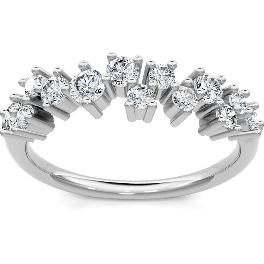 White gold scattered cluster diamond band with round diamonds