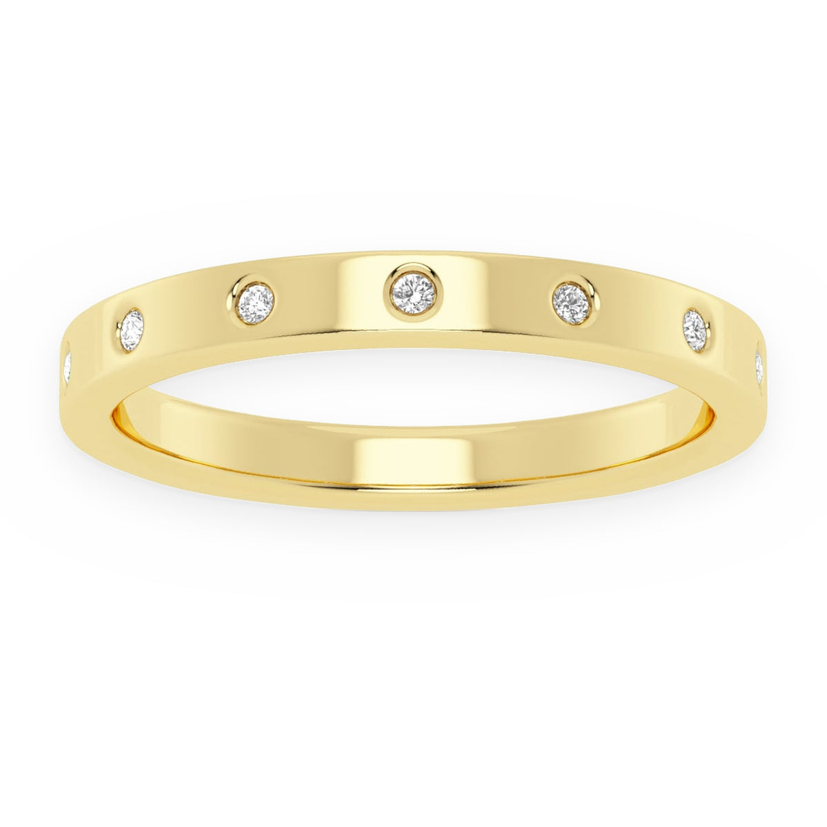 Yellow gold flush-set diamond band with scattered round diamonds