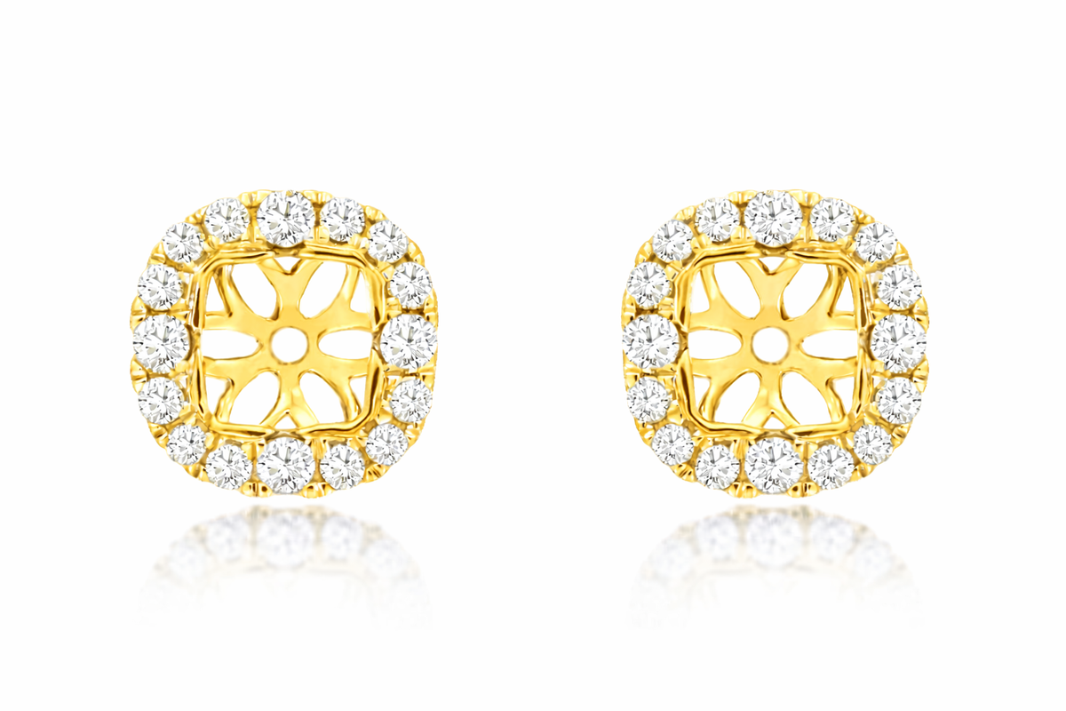 Yellow gold cushion diamond halo earring jackets, pair on white background