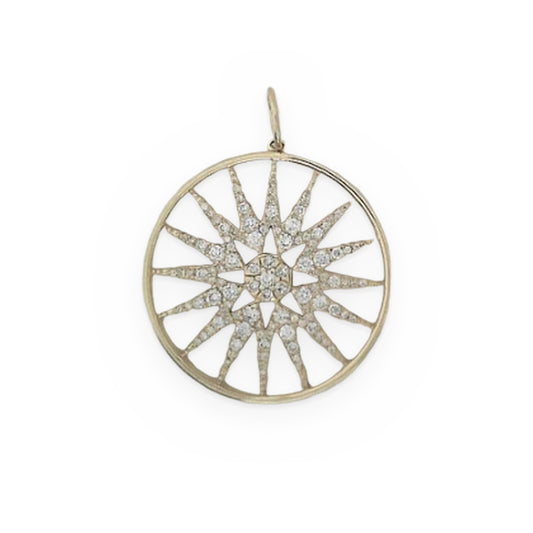 Yellow gold sunburst pendant with diamond rays radiating from a central cluster