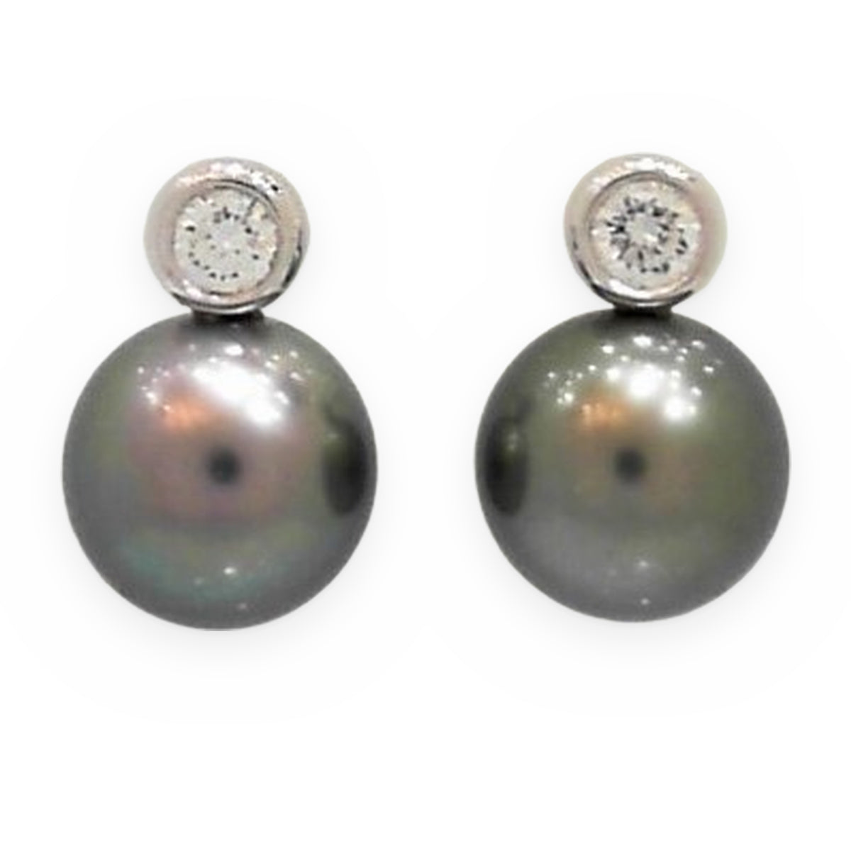 White gold Tahitian pearl stud earrings topped with bezel-set diamonds