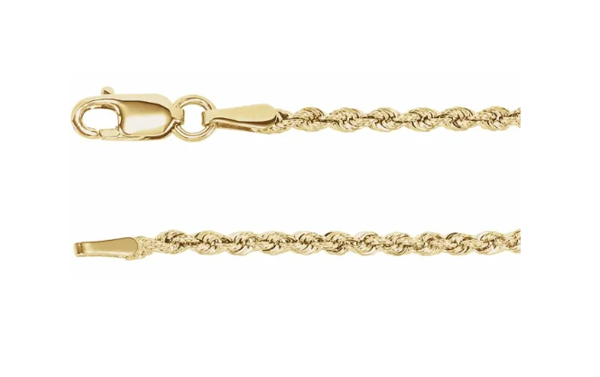 Yellow gold 2mm rope chain with lobster clasp, catalog close-up