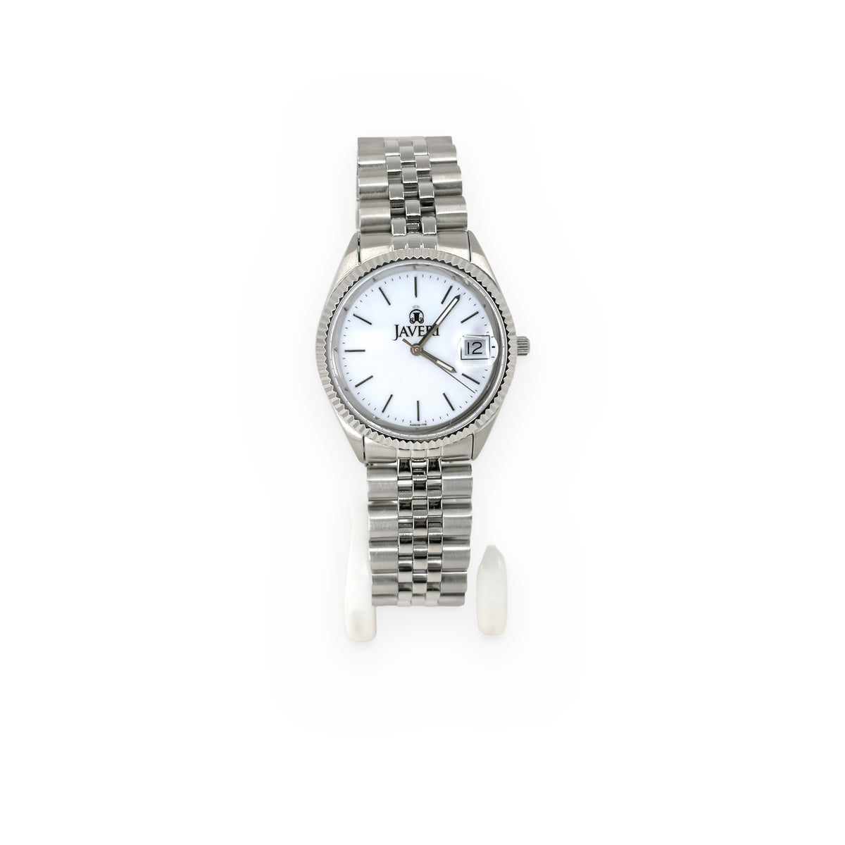 Javeri stainless steel men's watch with white dial and fluted bezel