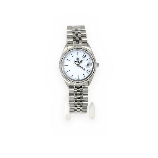 Javeri stainless steel men's watch with white dial and fluted bezel