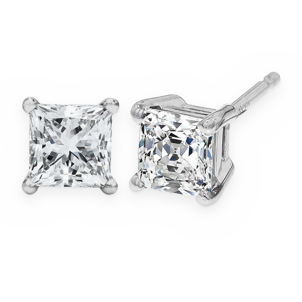 Princess-cut diamond stud earrings shown front and side in white gold