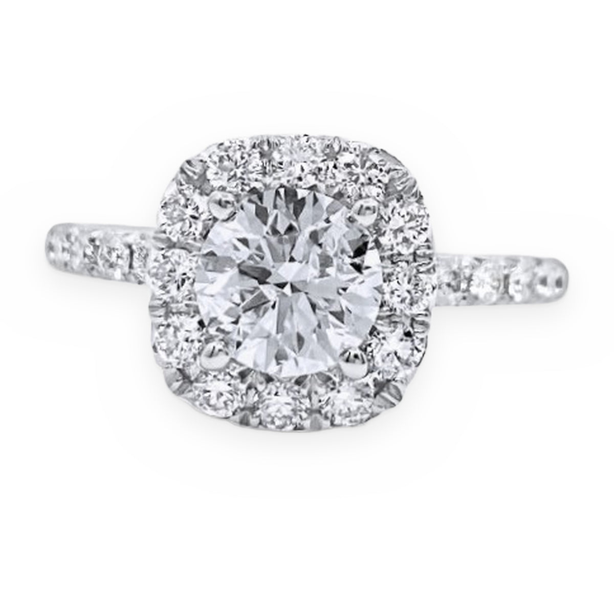 Pear-shaped diamond halo engagement ring, side profile, white gold