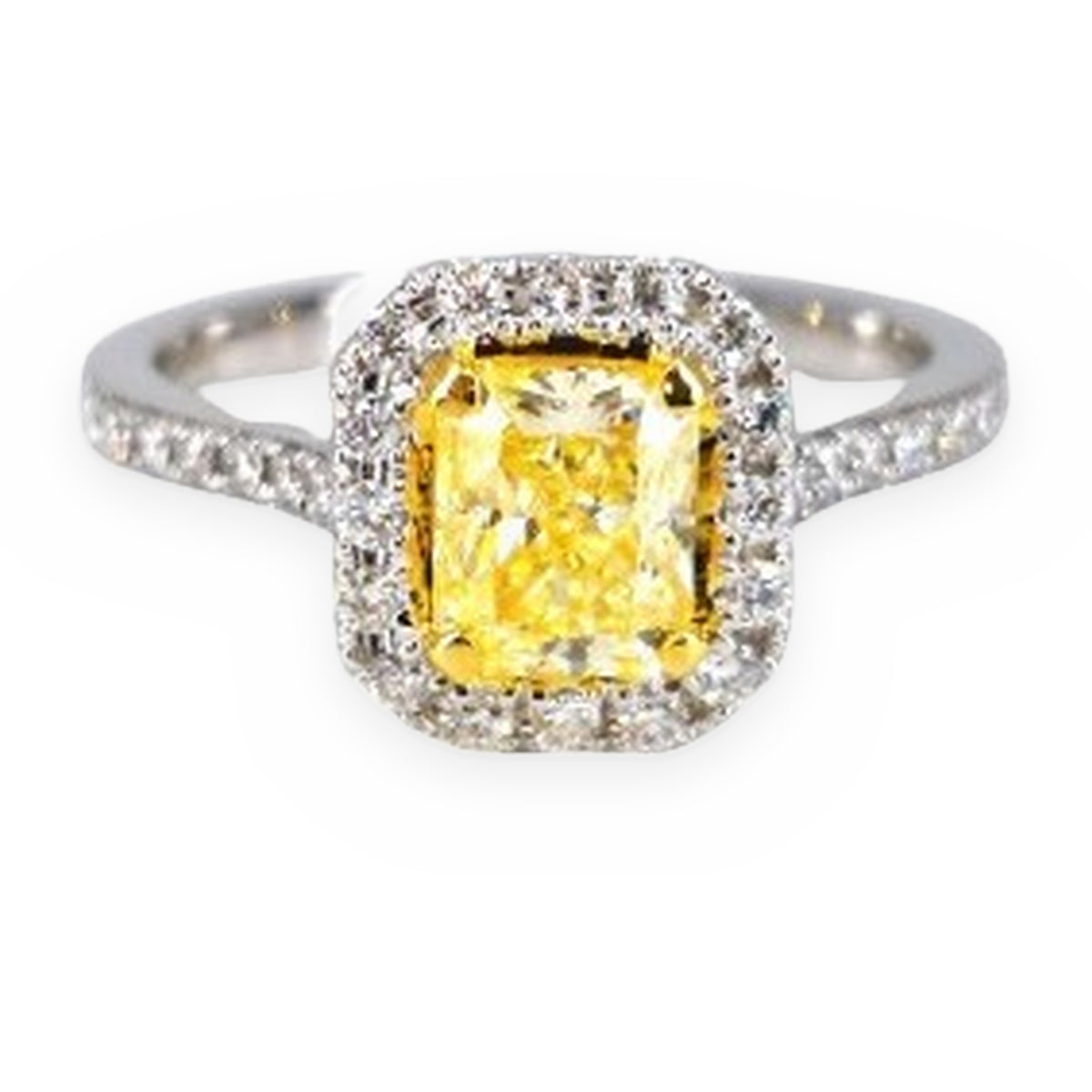 Fancy yellow radiant diamond halo ring in two-tone gold