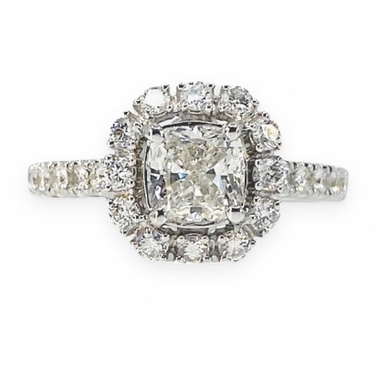 White gold cushion-cut diamond halo engagement ring with pave band, front view
