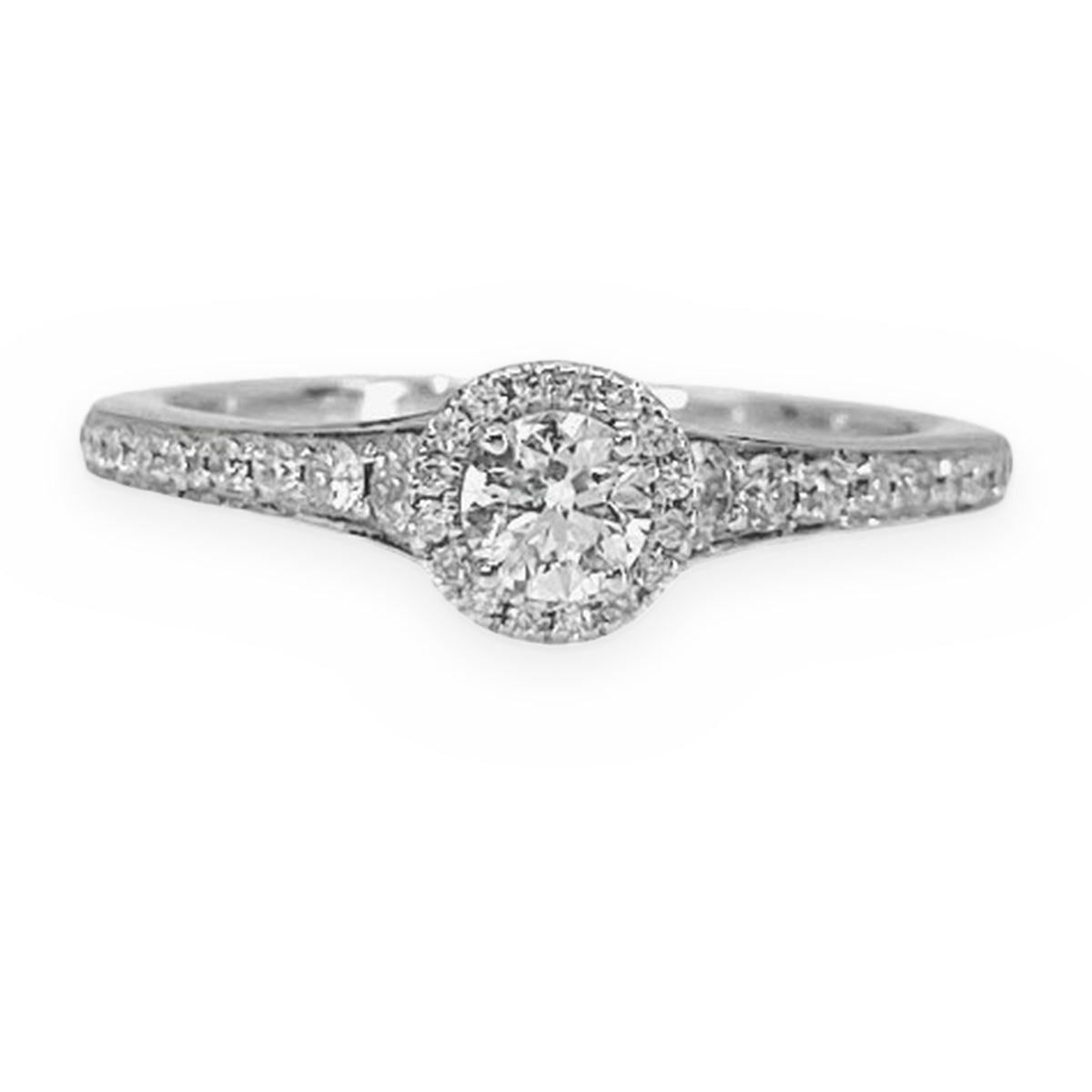 White gold round diamond halo engagement ring with tapered pave band, front view