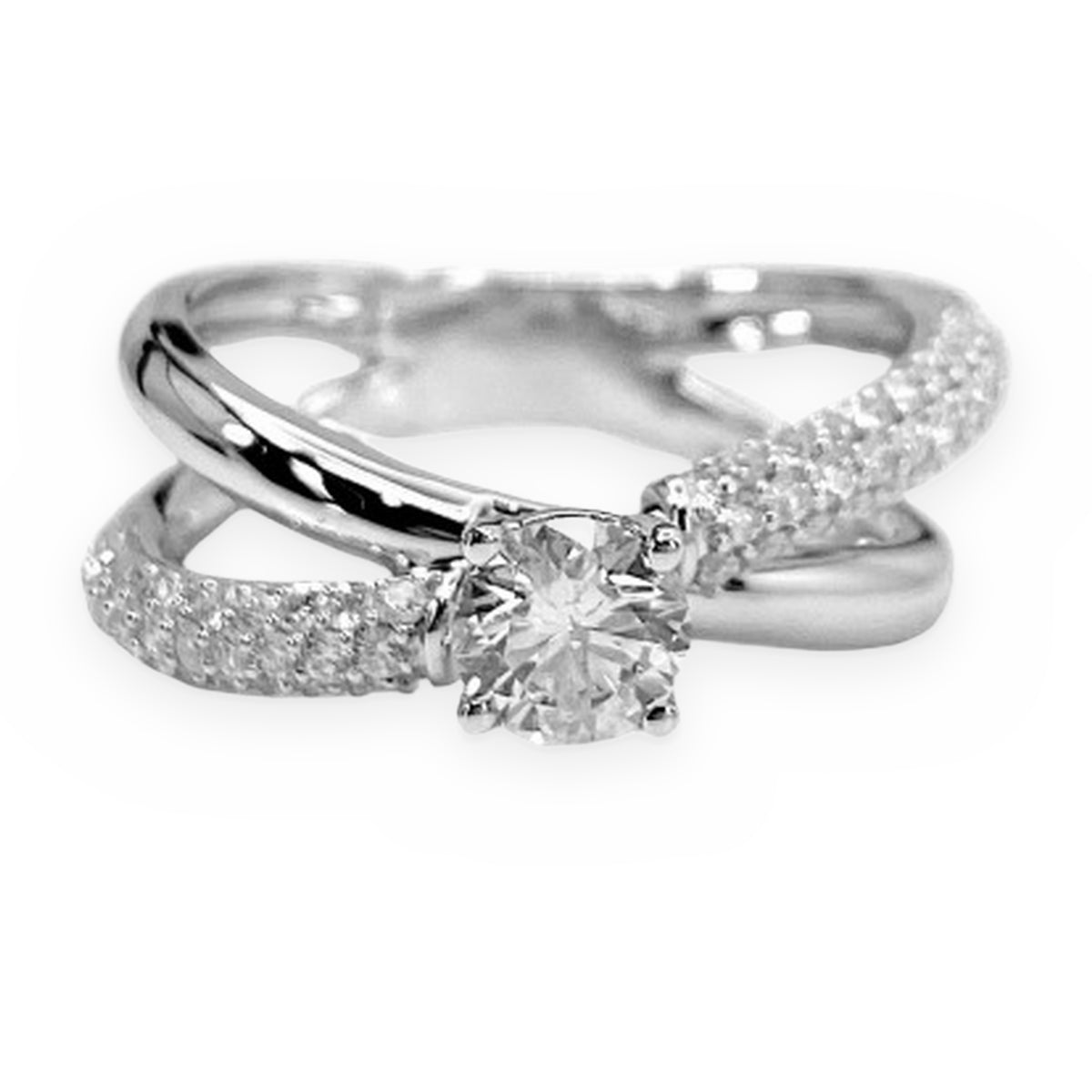 White gold round diamond crossover split-shank engagement ring, angled view