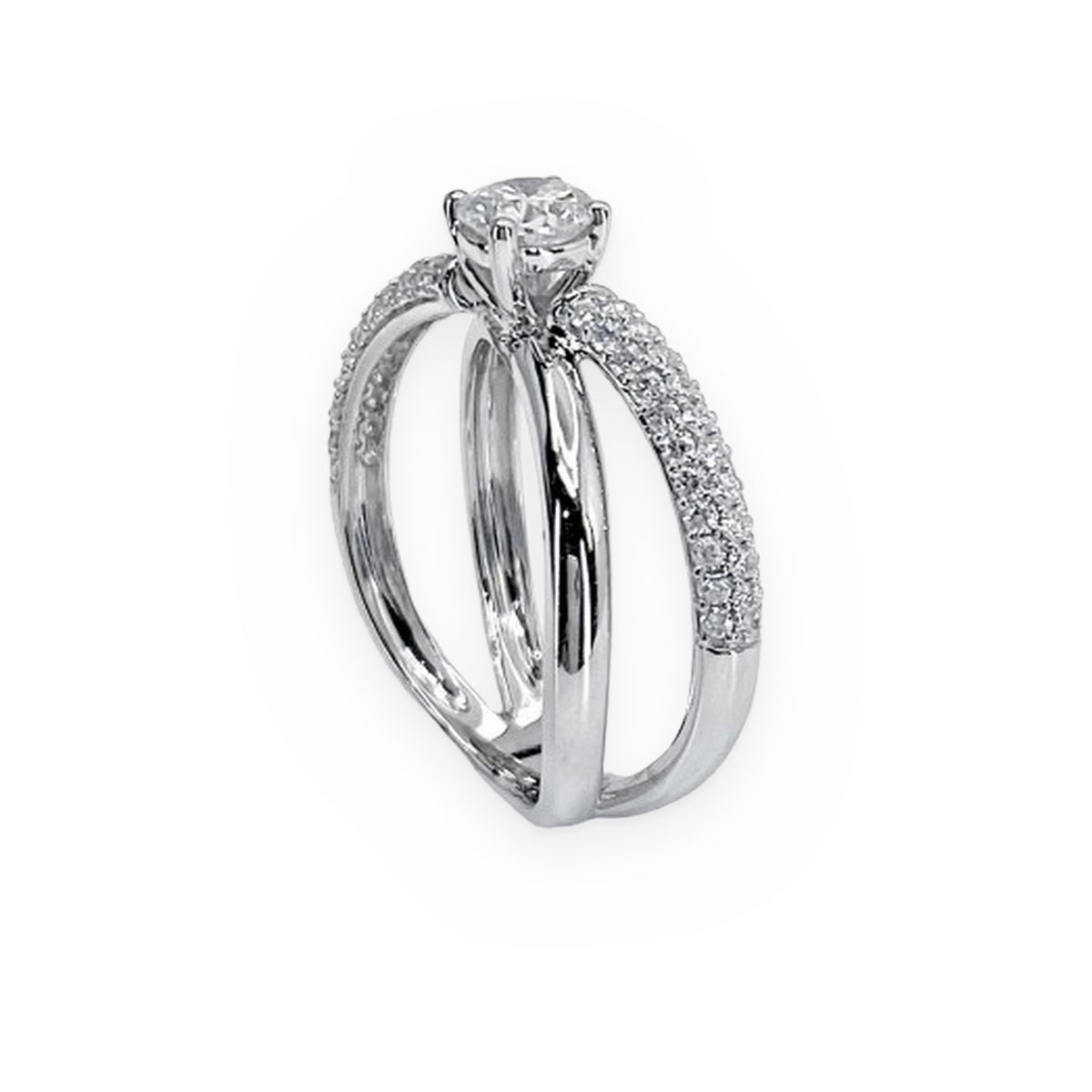 White gold round diamond crossover split-shank engagement ring, side profile