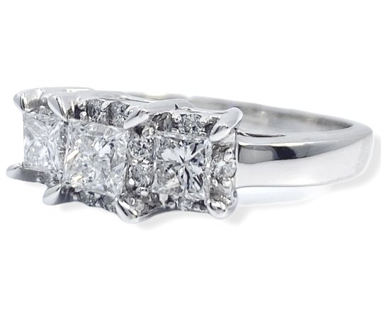 White gold three-stone princess-cut diamond engagement ring, three-quarter angle